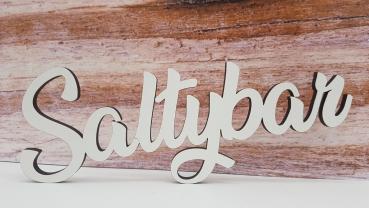 Schriftzug Saltybar aus Holz in weiß