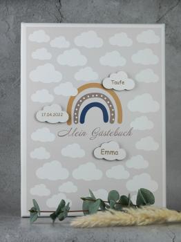 Gästebuch Taufe Regenbogen auf Leinwand mit personalisierten Holzwolken in weiß