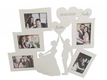 Personalisierter Bilderrahmen Brautpaar mit Herz inkl. Gravur "Wunschnamen und Datum" aus Holz in weiß