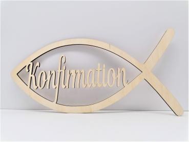 Schriftzug Konfirmation mit Fisch aus Holz optional mit Aufsteller