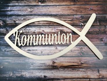 Schriftzug Kommunion mit Fisch aus Holz optional mit Aufsteller