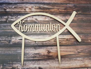 Caketopper Tortenaufsatz Fisch mit Schriftzug Kommunion aus Holz