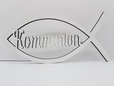 Schriftzug Kommunion mit Fisch aus Holz in weiß optional mit Aufsteller