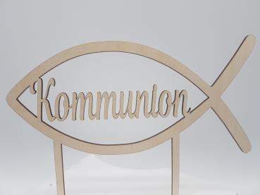 Caketopper Tortenaufsatz Fisch mit Schriftzug Kommunion aus Holz