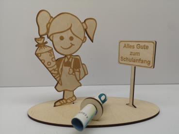 Geldgeschenk Einschulung/Schulanfang Mädchen mit zwei verschiedenen Gravuren aus Holz