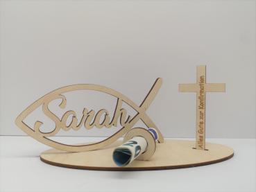 Geldgeschenk Konfirmation - Fisch mit Wunschname sowie Kreuz inkl. Gravur "Alles Gute zur Konfirmation" aus Holz
