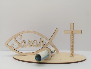 Geldgeschenk Firmung - Fisch mit Wunschname sowie Kreuz inkl. Gravur "Alles Gute zur Firmung" aus Holz