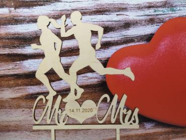 Caketopper Cake Topper Tortenaufsatz Hochzeit "Mr&Mrs mit Läufer und Herz" aus Holz