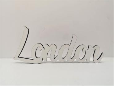 Schriftzug Stadtname London aus Holz in weiß