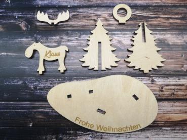 Geldgeschenk Weihnachten mit Elch und Tannenbaum inkl. Gravur "Frohe Weihnachten" - optional mit Wunschname aus Holz