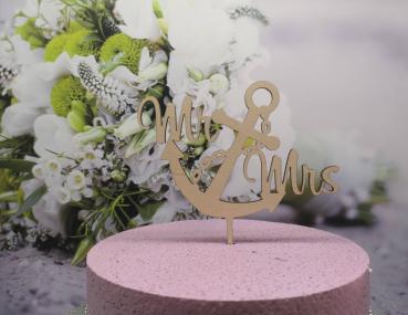 Cake Topper Caketopper Tortenstecker Tortenaufsatz "Mr & Mrs mit Anker" zur Hochzeit aus Holz