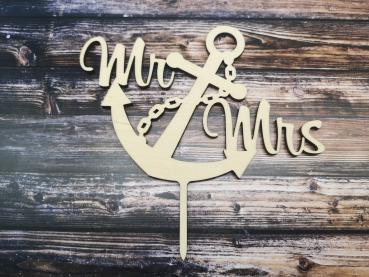 Cake Topper Caketopper Tortenstecker Tortenaufsatz "Mr & Mrs mit Anker" zur Hochzeit aus Holz