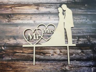 Cake Topper Caketopper Tortenstecker Tortenaufsatz "Brautpaar mit Mr & Mrs" zur Hochzeit aus Holz