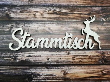 Schriftzug Stammtisch mit Hirsch aus Holz in weiß optional mit Aufsteller