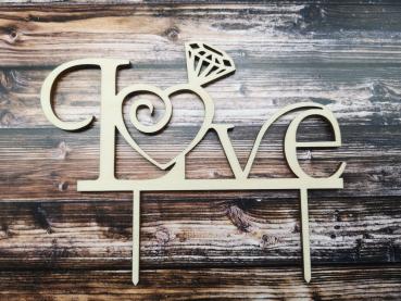 Cake Topper Caketopper Tortenstecker Tortenaufsatz "Love mit Ring" zur Hochzeit aus Holz