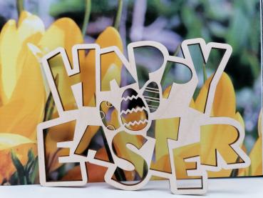 Schriftzug Happy Easter mit Ostereier aus Holz Natur zu Ostern