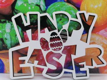 Schriftzug Happy Easter mit Ostereier aus Holz in weiß zu Ostern