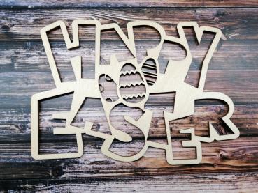 Schriftzug Happy Easter mit Ostereier aus Holz Natur zu Ostern