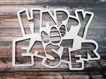 Schriftzug Happy Easter mit Ostereier aus Holz in weiß zu Ostern