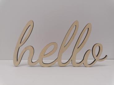 Schriftzug hello aus Holz in Birke natur optional mit Aufsteller