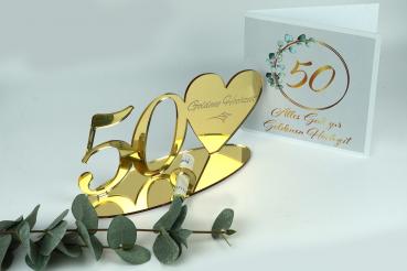 Geldgeschenk zur Goldenen Hochzeit in Spiegelacryl Gold mit passender Karte