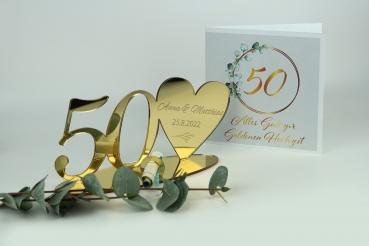 Personalisiertes Geldgeschenk zur Goldenen Hochzeit in Spiegelacryl Gold mit passender Karte