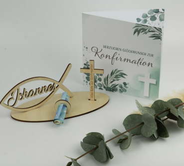 Geldgeschenk Konfirmation - Fisch mit Wunschname sowie Kreuz inkl. Gravur "Alles Gute zur Konfirmation" aus Holz