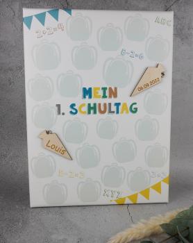 Gästebuch Einschulung "Mein 1. Schultag" auf Leinwand optional mit personalisierten Holzschultüten in natur