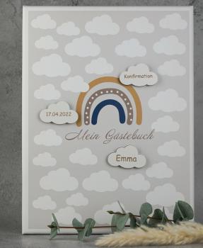 Gästebuch Konfirmation Regenbogen auf Leinwand mit personalisierten Holzwolken in weiß