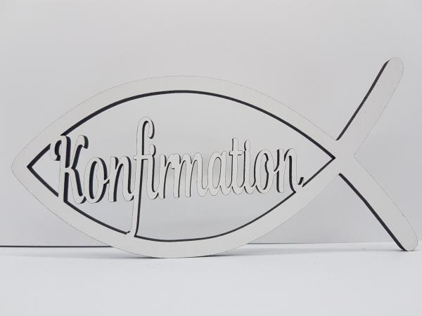 Schriftzug Konfirmation mit Fisch aus Holz in weiß optional mit Aufsteller