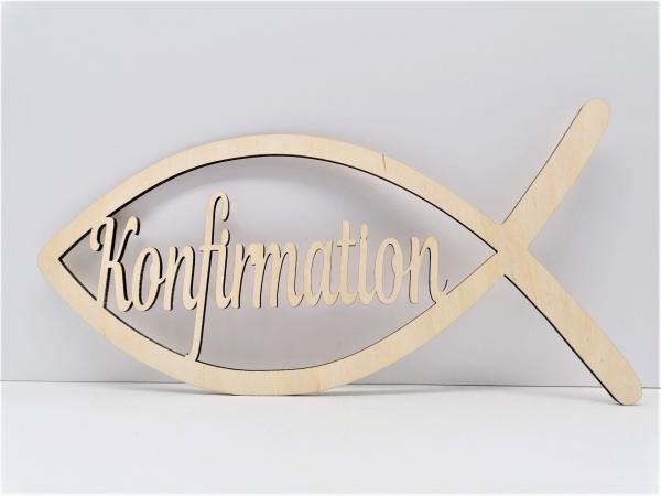 Schriftzug Konfirmation mit Fisch aus Holz optional mit Aufsteller