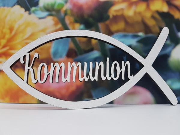 Schriftzug Kommunion mit Fisch aus Holz in weiß optional mit Aufsteller