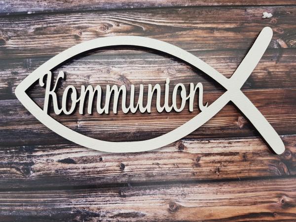 Schriftzug Kommunion mit Fisch aus Holz in weiß optional mit Aufsteller