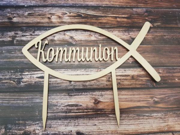 Caketopper Tortenaufsatz Fisch mit Schriftzug Kommunion aus Holz