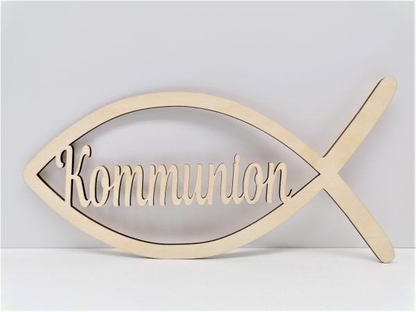 Schriftzug Kommunion mit Fisch aus Holz optional mit Aufsteller