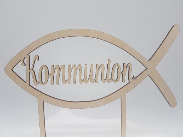 Caketopper Tortenaufsatz Fisch mit Schriftzug Kommunion aus Holz