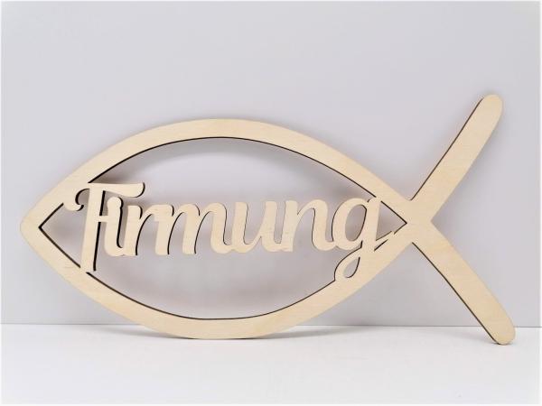 Schriftzug Firmung mit Fisch aus Holz Natur optional mit Aufsteller