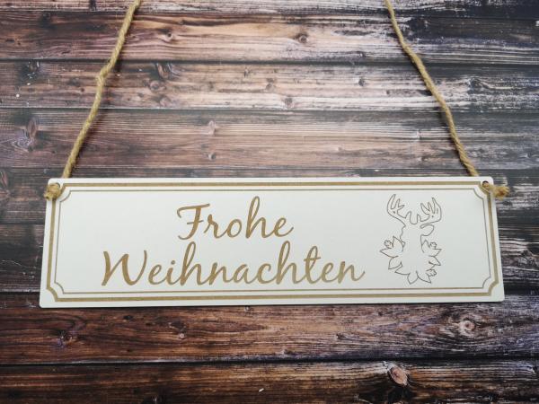 Holzschild "Frohe Weihnachten" mit Hirsch aus Holz in weiß