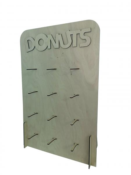 Donut Wand/Donut Wall mit Schriftzug Donuts in verschiedenen Farben aus Holz für 24 Donuts