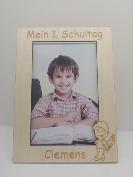 Personalisierter Bilderrahmen Mein 1. Schultag mit Wunschname aus Holz - Variante Junge