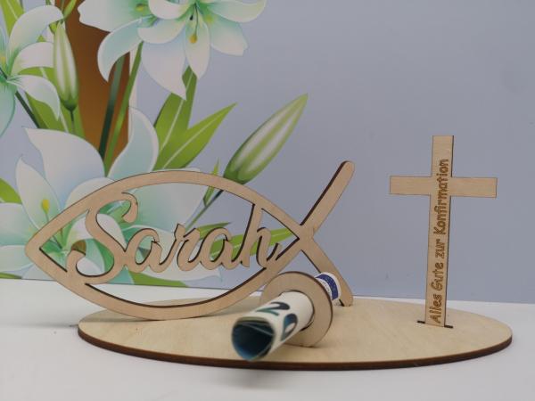 Geldgeschenk Konfirmation - Fisch mit Wunschname sowie Kreuz inkl. Gravur "Alles Gute zur Konfirmation" aus Holz
