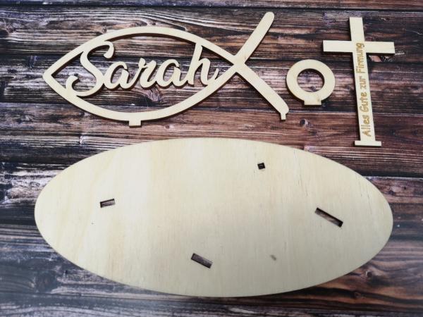 Geldgeschenk Firmung - Fisch mit Wunschname sowie Kreuz inkl. Gravur "Alles Gute zur Firmung" aus Holz