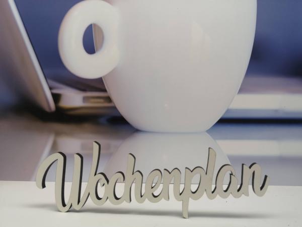 Schriftzug Wochenplan aus Holz in weiß