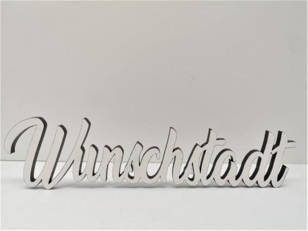 Schriftzug Stadtname "Ihre Wunschstadt" aus Holz in weiß