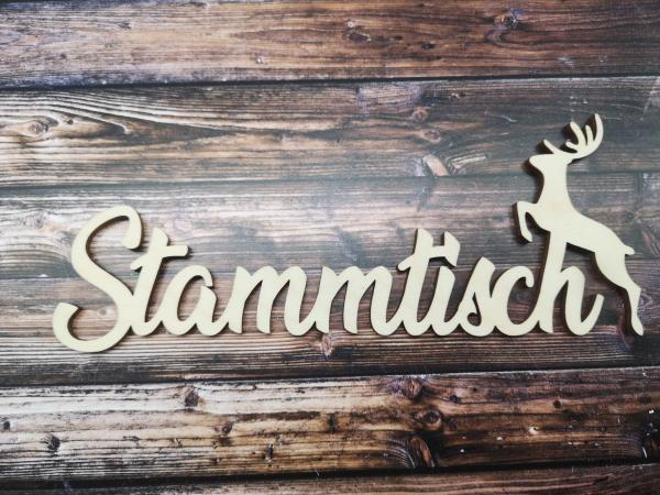 Schriftzug Stammtisch mit Hirsch aus Holz optional mit Aufsteller