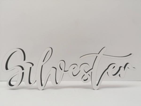 Schriftzug Silvester aus Holz in weiß optional auch mit Aufsteller