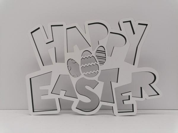 Schriftzug Happy Easter mit Ostereier aus Holz in weiß zu Ostern